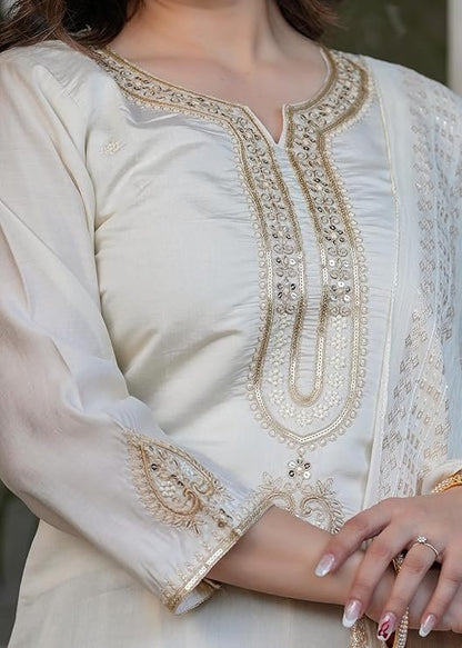 Off-White Viscose Chanderi Kurti Suit With Sequins Work