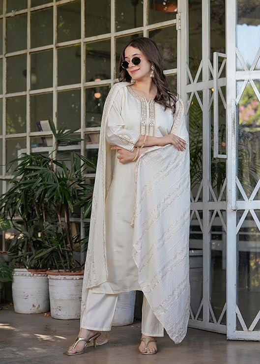 Off-White Viscose Chanderi Kurti Suit With Sequins Work