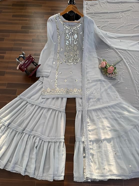 Stunning Faux Georgette Sharara Set With Thread & Sequins Work