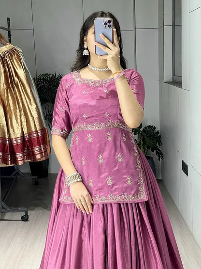 Latest Pink Chinon Lehenga Choli With Embroidery Work