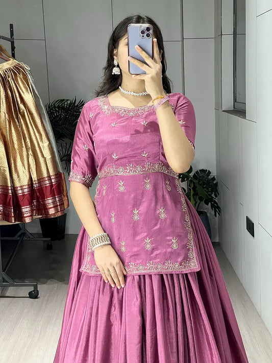 Latest Pink Chinon Lehenga Choli With Embroidery Work