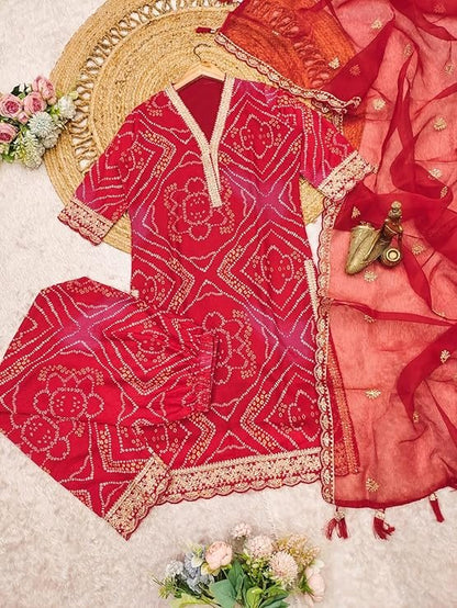 Classy Red Bandhani Cotton Suit Set With Embroidery Work