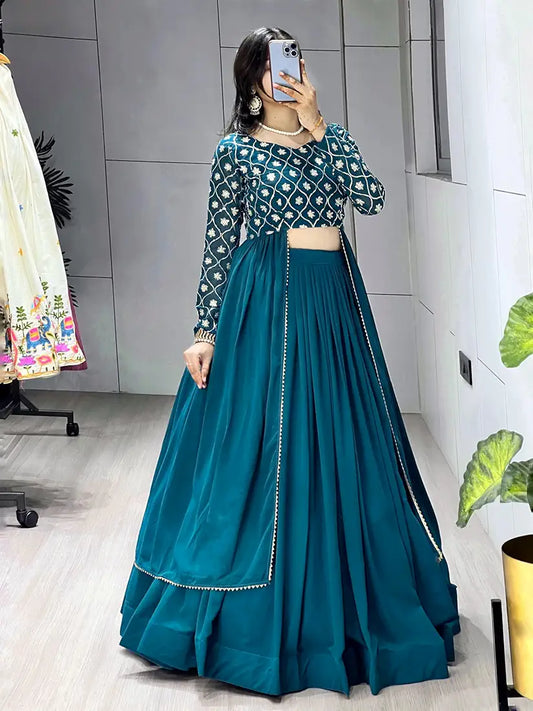 Gorgeous Teal Blue Georgette Lehenga Choli With Embroidery Work