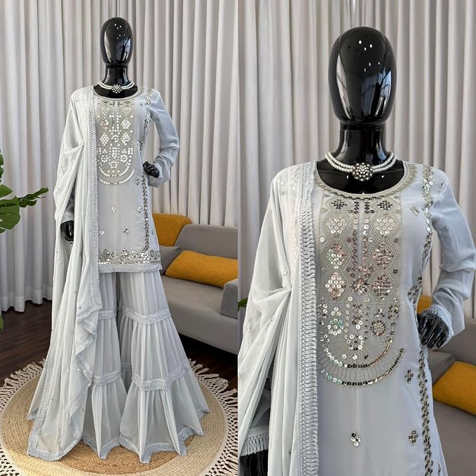 Stunning Faux Georgette Sharara Set With Thread & Sequins Work