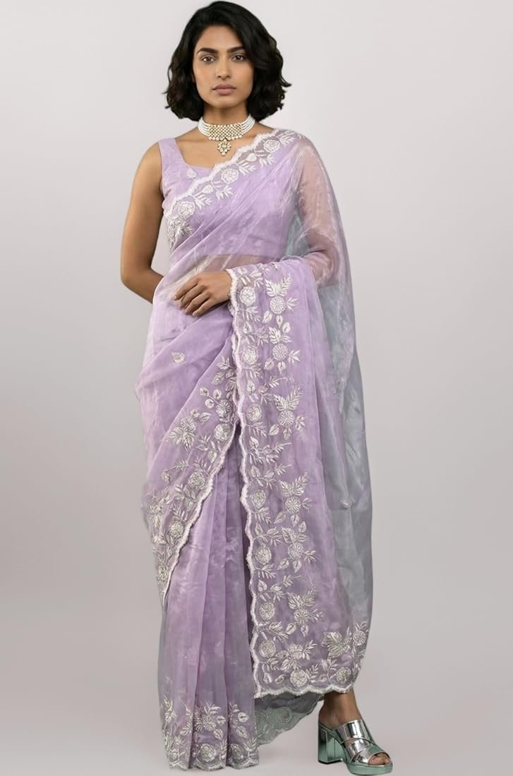 Pure Chanda Silk Saree With Flower Embroidery Work