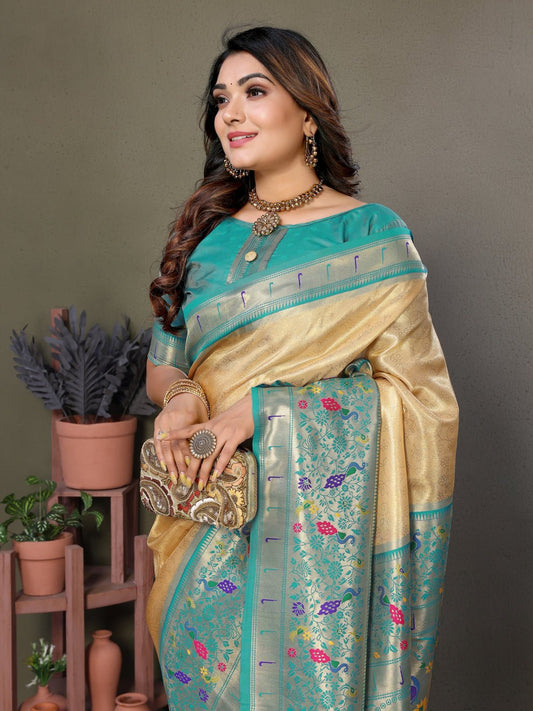 Beige Pure Banarasi Tissue Silk Saree With Weaving Butties