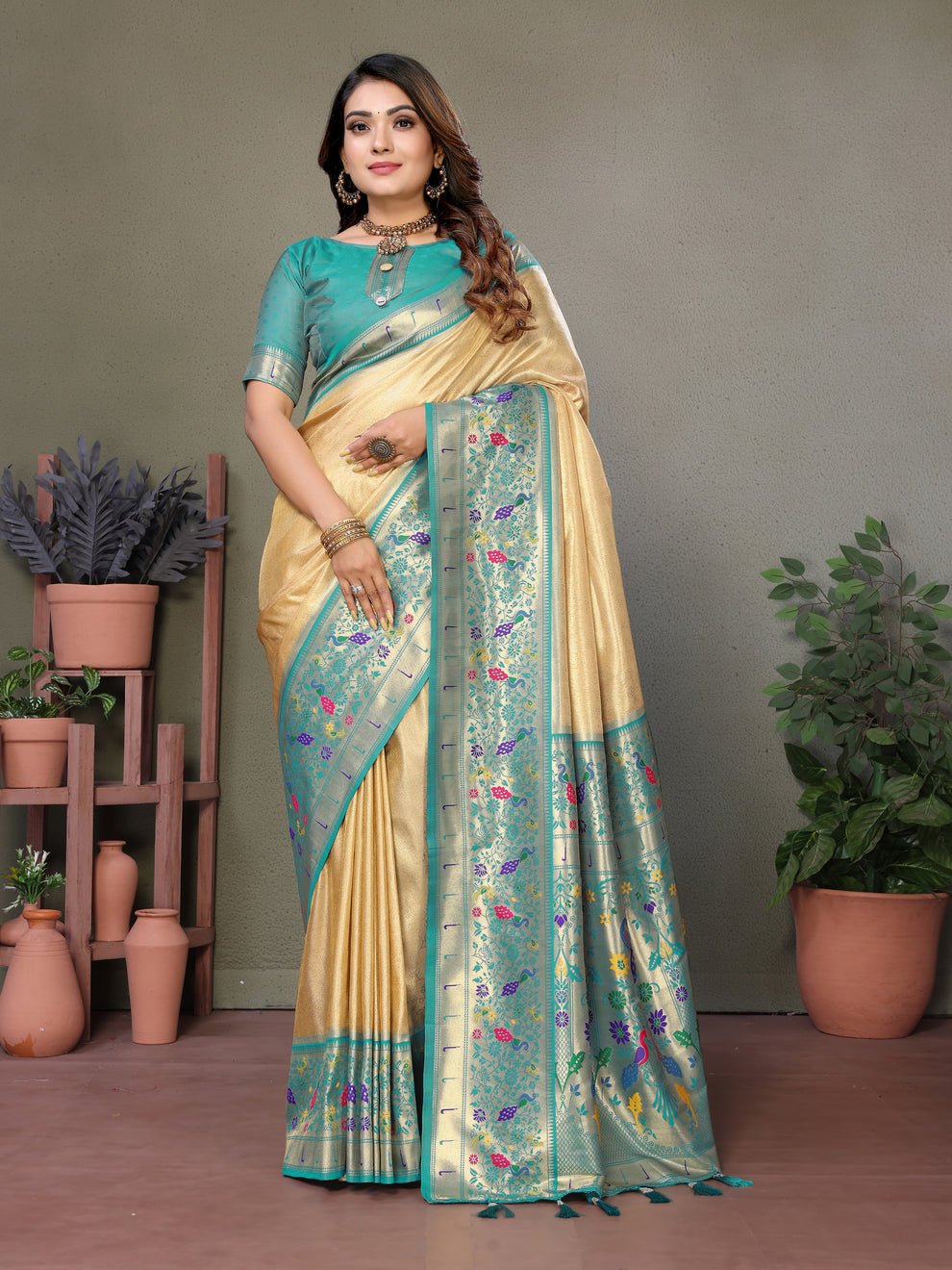 Beige Pure Banarasi Tissue Silk Saree With Weaving Butties
