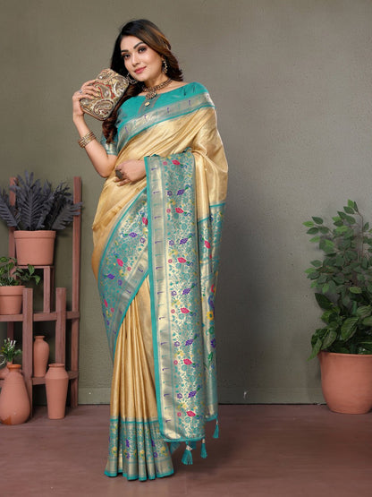 Beige Pure Banarasi Tissue Silk Saree With Weaving Butties