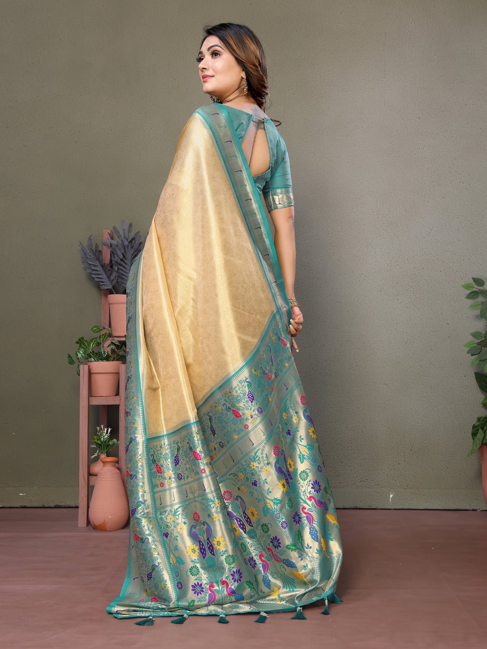 Beige Pure Banarasi Tissue Silk Saree With Weaving Butties