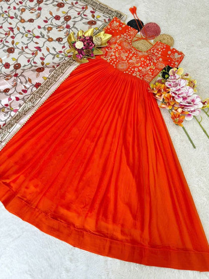 Soft Georgette Silk Embroidery Gown With Printed Lace Work On Dupatta