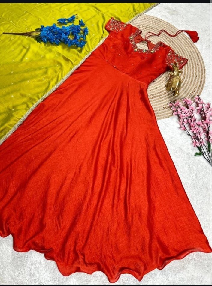 Glamorous Orange Silk Anarkali Gown With Maggam Work