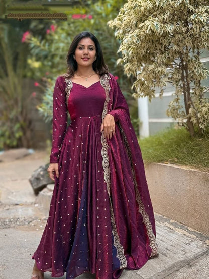 Elegant Silk Anarkali With Sequin Work Dupatta