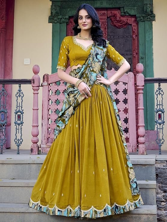 Yellow Vichitra Silk Lehenga Choli With Sequins Embroidery Work