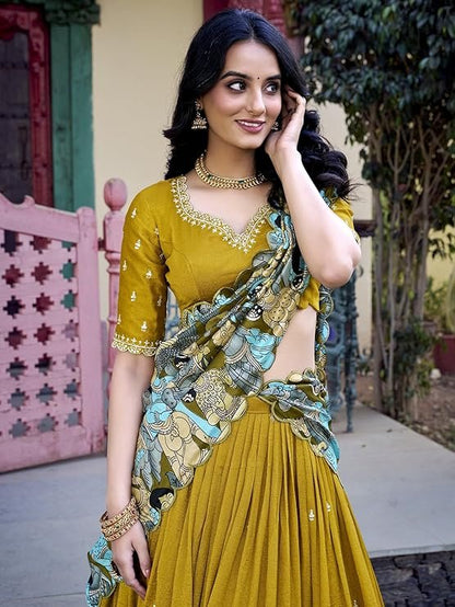 Yellow Vichitra Silk Lehenga Choli With Sequins Embroidery Work