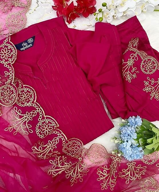 Gorgeous Pink Cotton Silk Kurti Suit Set With Organza Dupatta