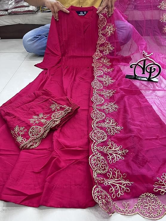 Gorgeous Pink Cotton Silk Kurti Suit Set With Organza Dupatta