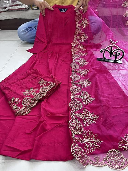 Gorgeous Pink Cotton Silk Kurti Suit Set With Organza Dupatta