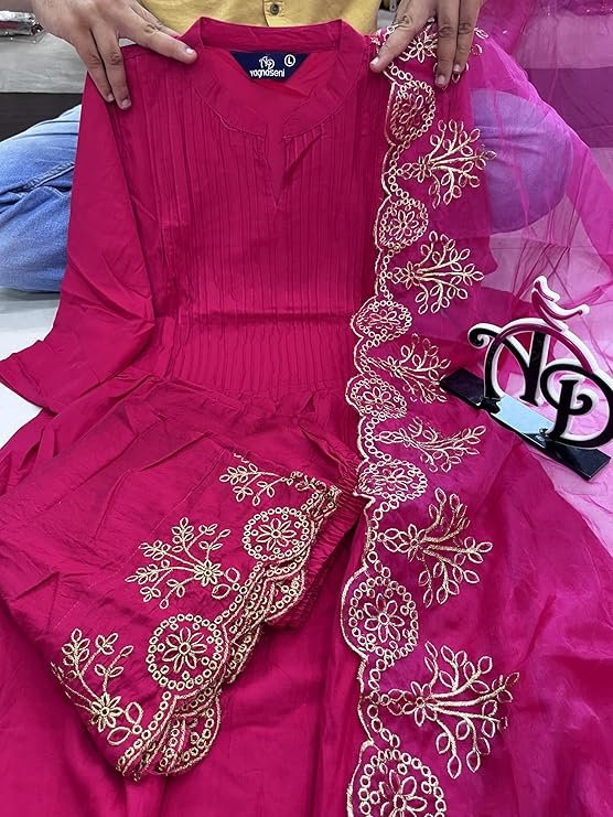 Gorgeous Pink Cotton Silk Kurti Suit Set With Organza Dupatta