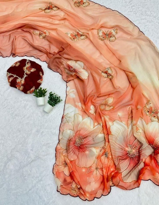 Latest Party Wear Multi Color Soft Chiffon Saree With Floral Print