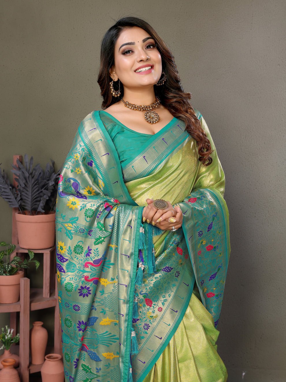 Lime Green Pure Banarasi Tissue Silk Saree