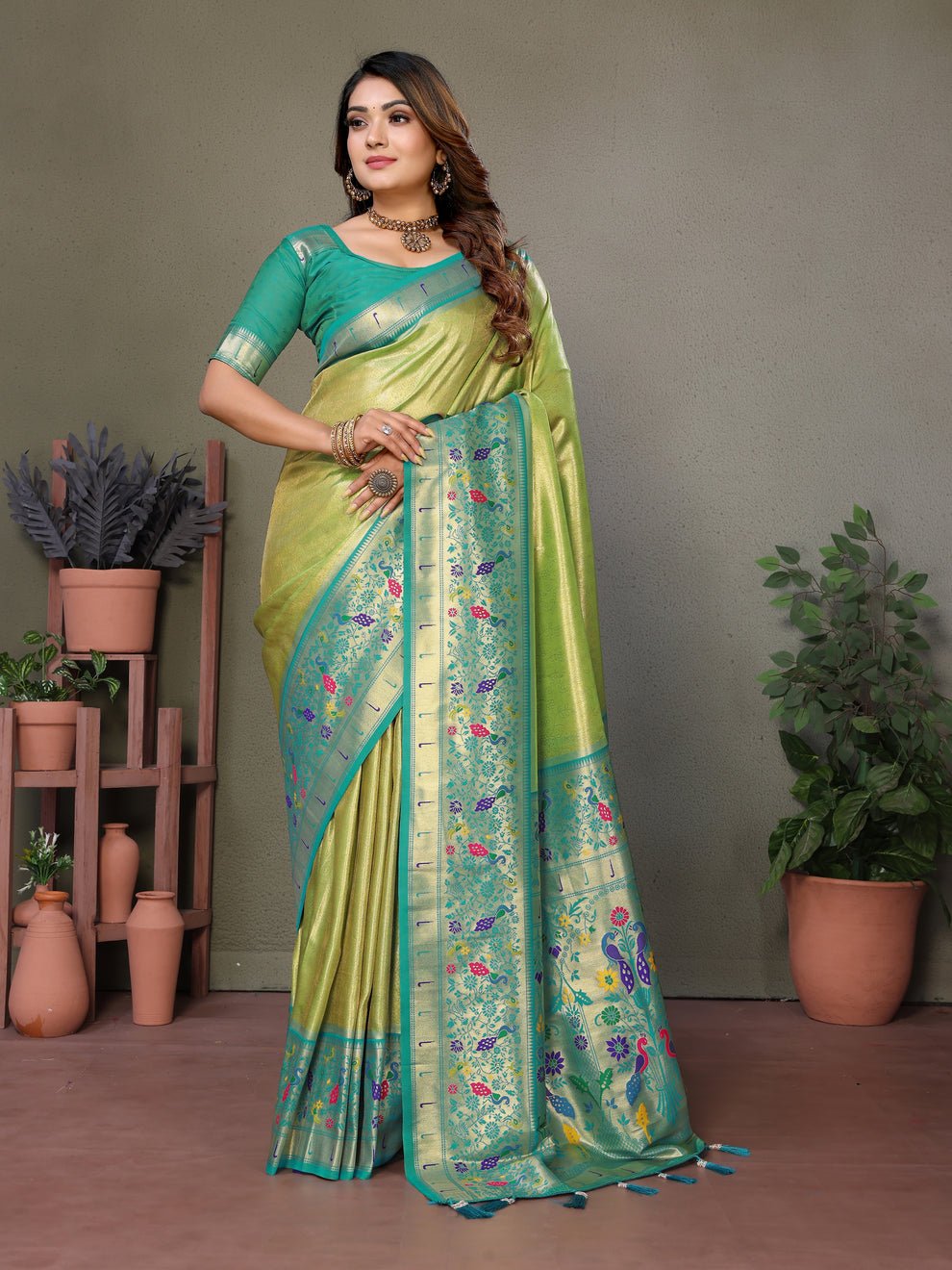 Lime Green Pure Banarasi Tissue Silk Saree