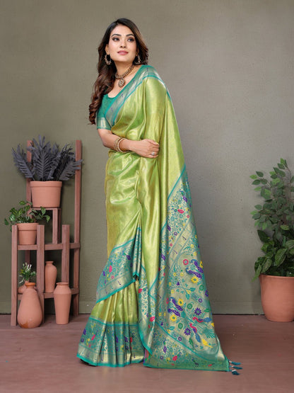 Lime Green Pure Banarasi Tissue Silk Saree