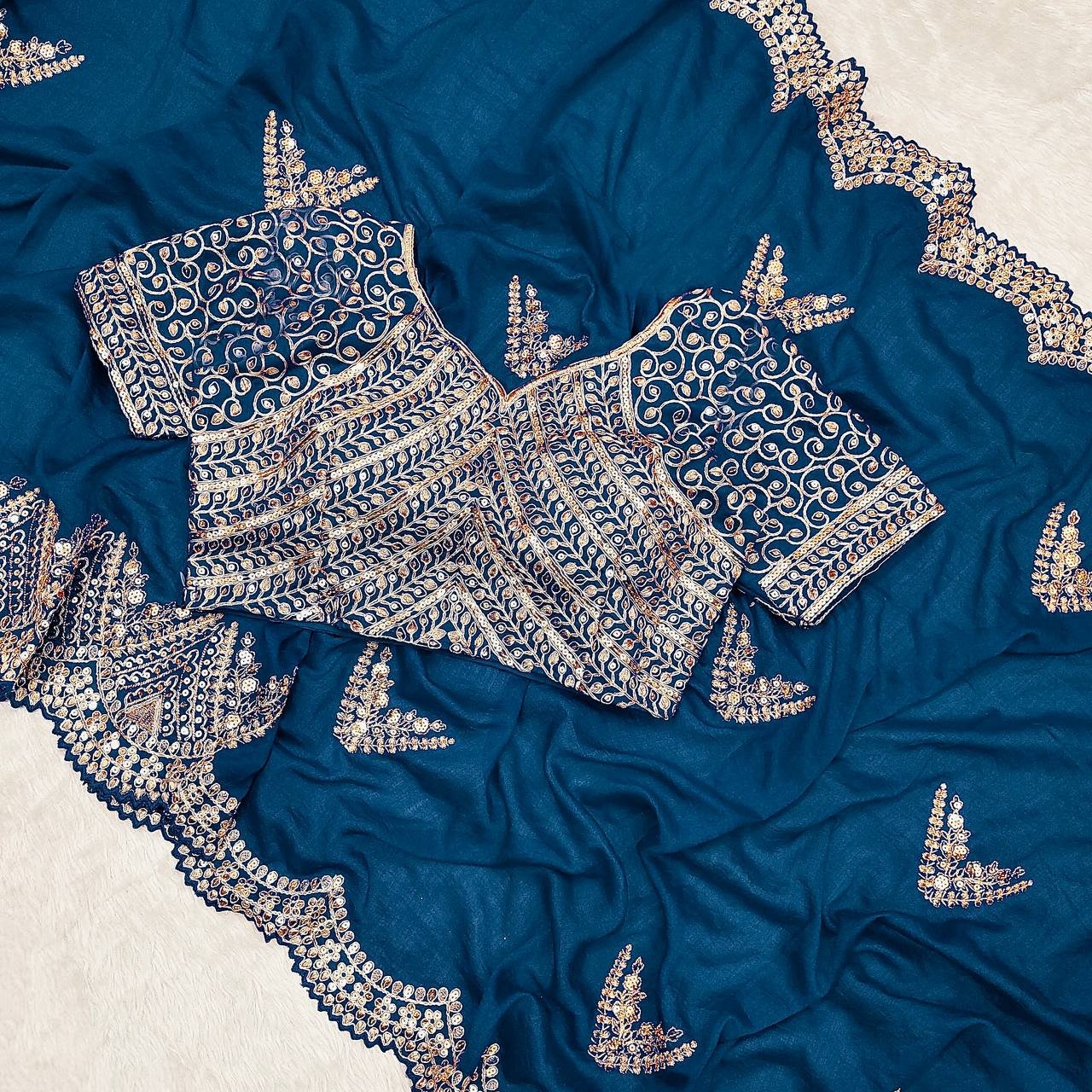 Teal Blue Silk Saree With Sequins Work On Blouse