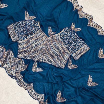 Teal Blue Silk Saree With Sequins Work On Blouse