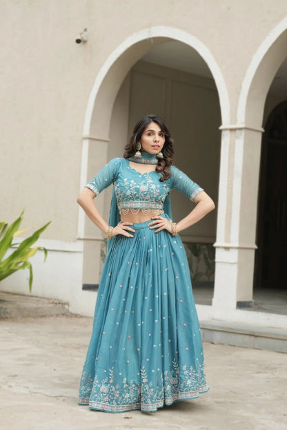 Fabulous Teal Blue Star Georgette Lehenga Choli With Pearl Lace