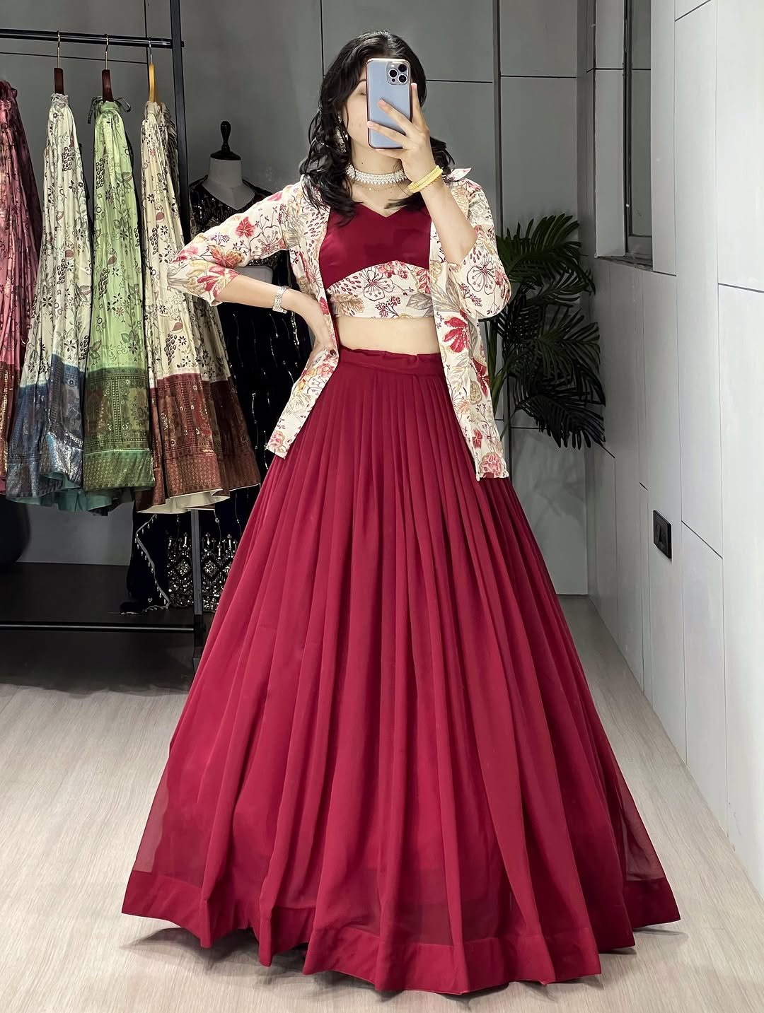 Stunning Maroon Georgette Embroidered Lehenga Choli With Koti