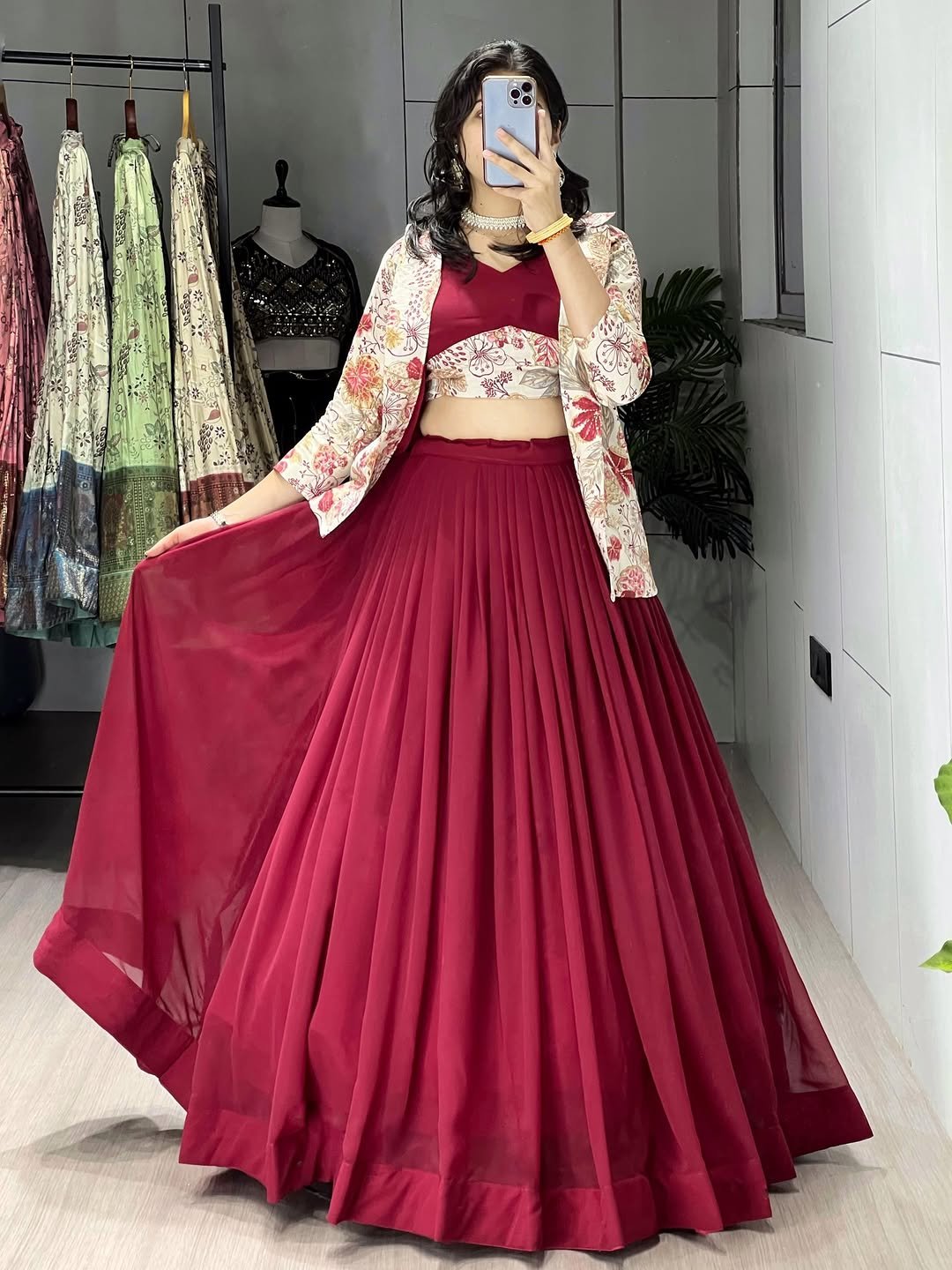Stunning Maroon Georgette Embroidered Lehenga Choli With Koti