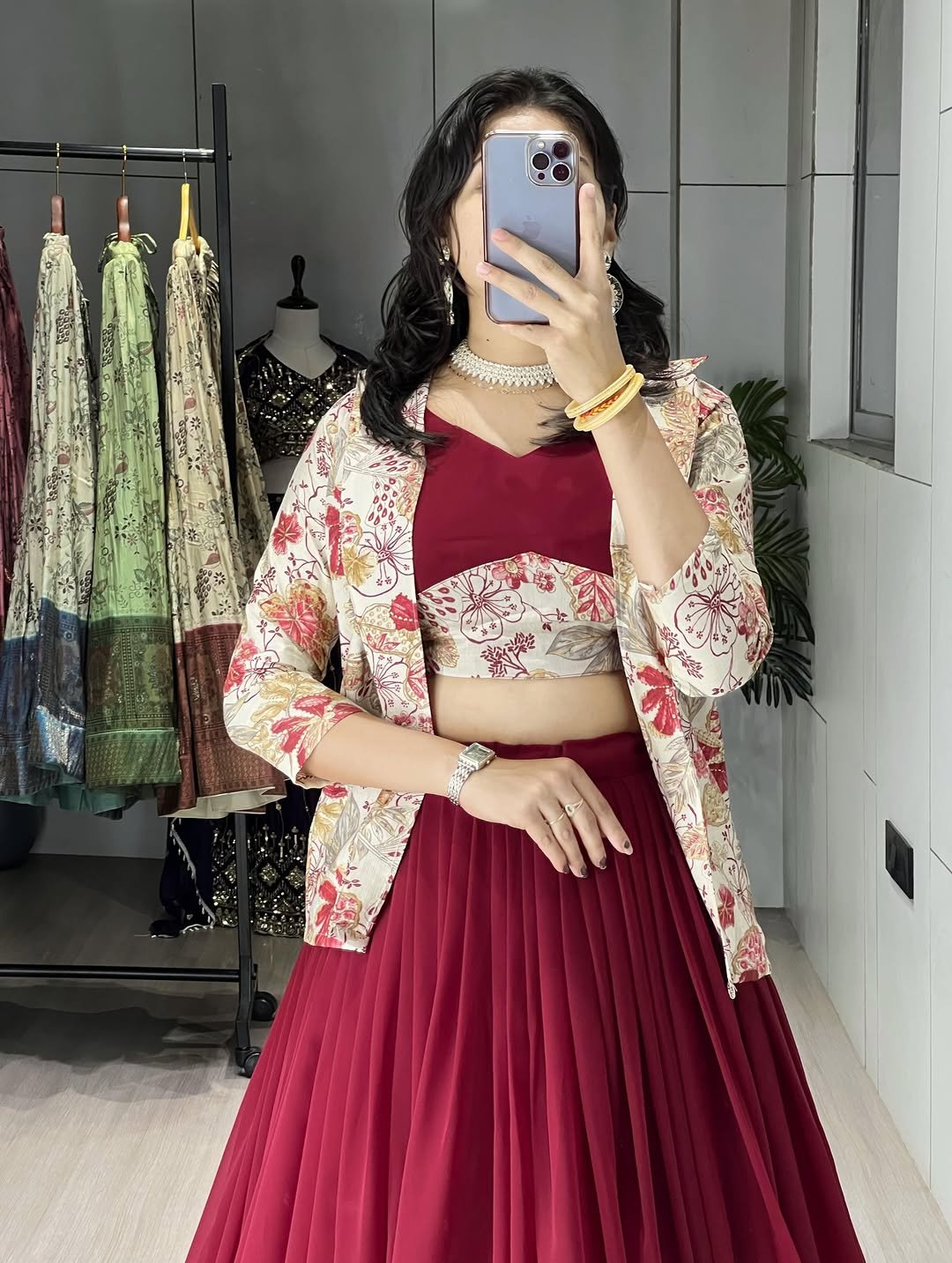 Stunning Maroon Georgette Embroidered Lehenga Choli With Koti