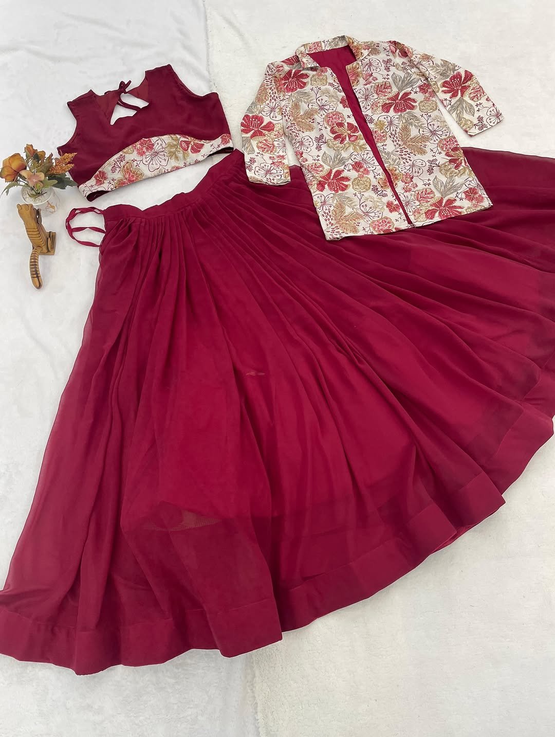 Stunning Maroon Georgette Embroidered Lehenga Choli With Koti