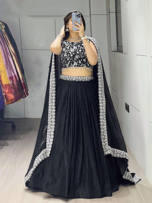 Stunning Black Fendi Satin Lehenga Choli With Embroidery Work