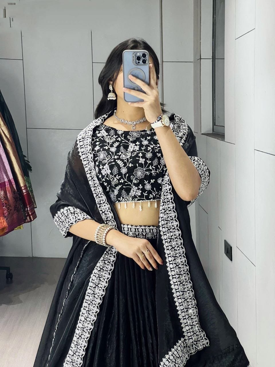 Stunning Black Fendi Satin Lehenga Choli With Embroidery Work