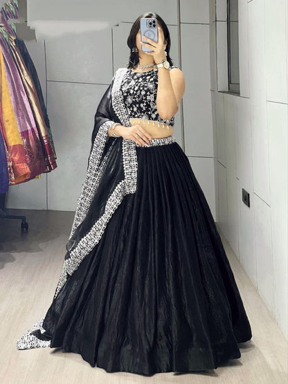 Stunning Black Fendi Satin Lehenga Choli With Embroidery Work
