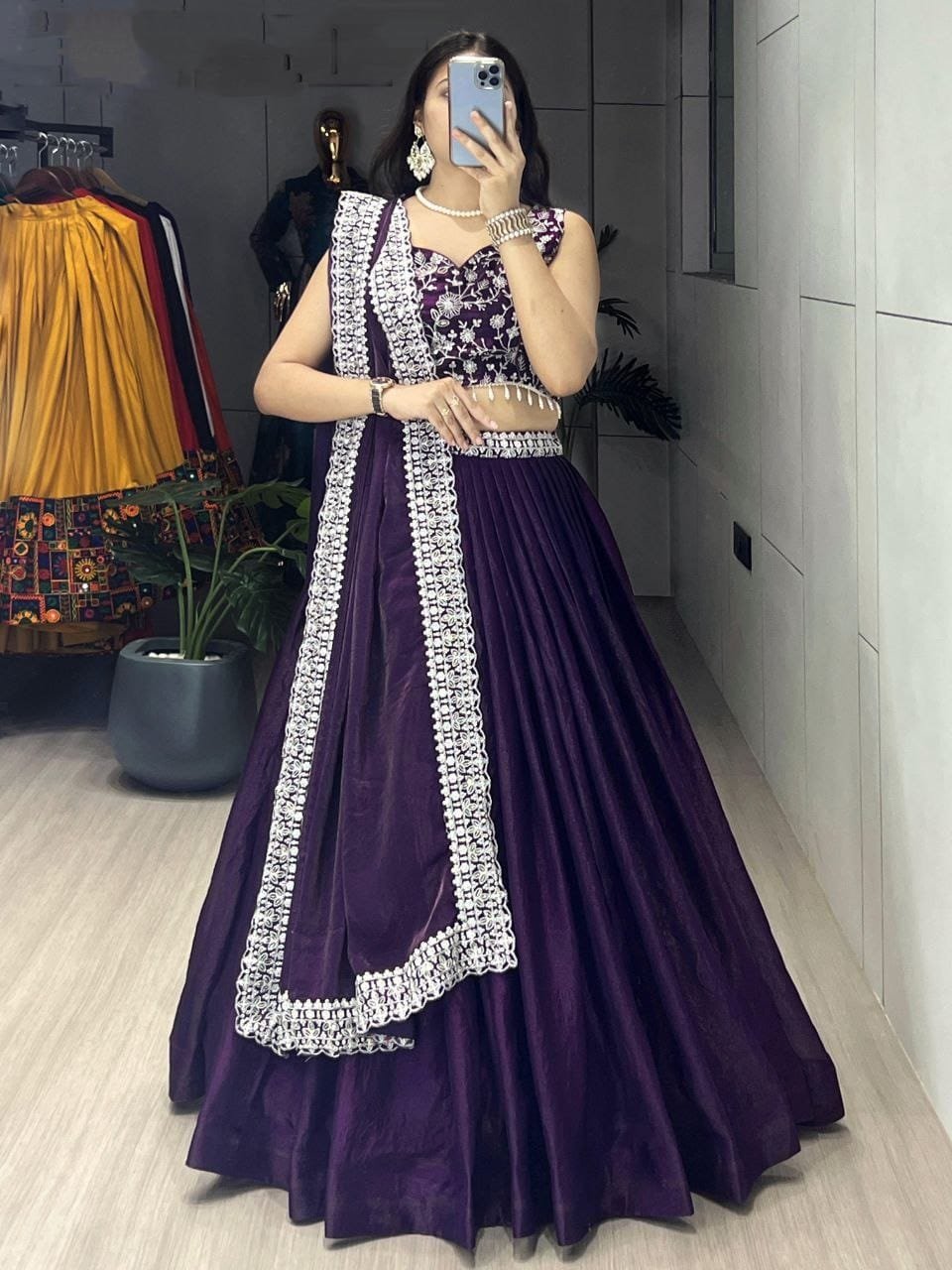 Fabulous Purple Fendi Satin Embroidered Lehenga Choli