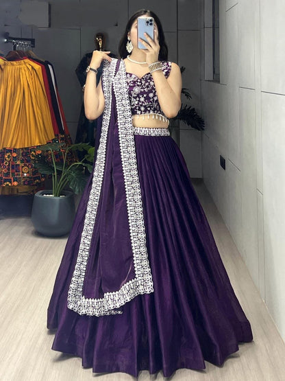 Fabulous Purple Fendi Satin Embroidered Lehenga Choli