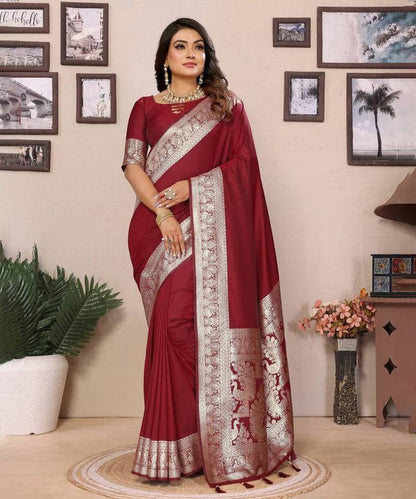 Trendy Maroon Banarasi Silk Saree With Exclusive Work