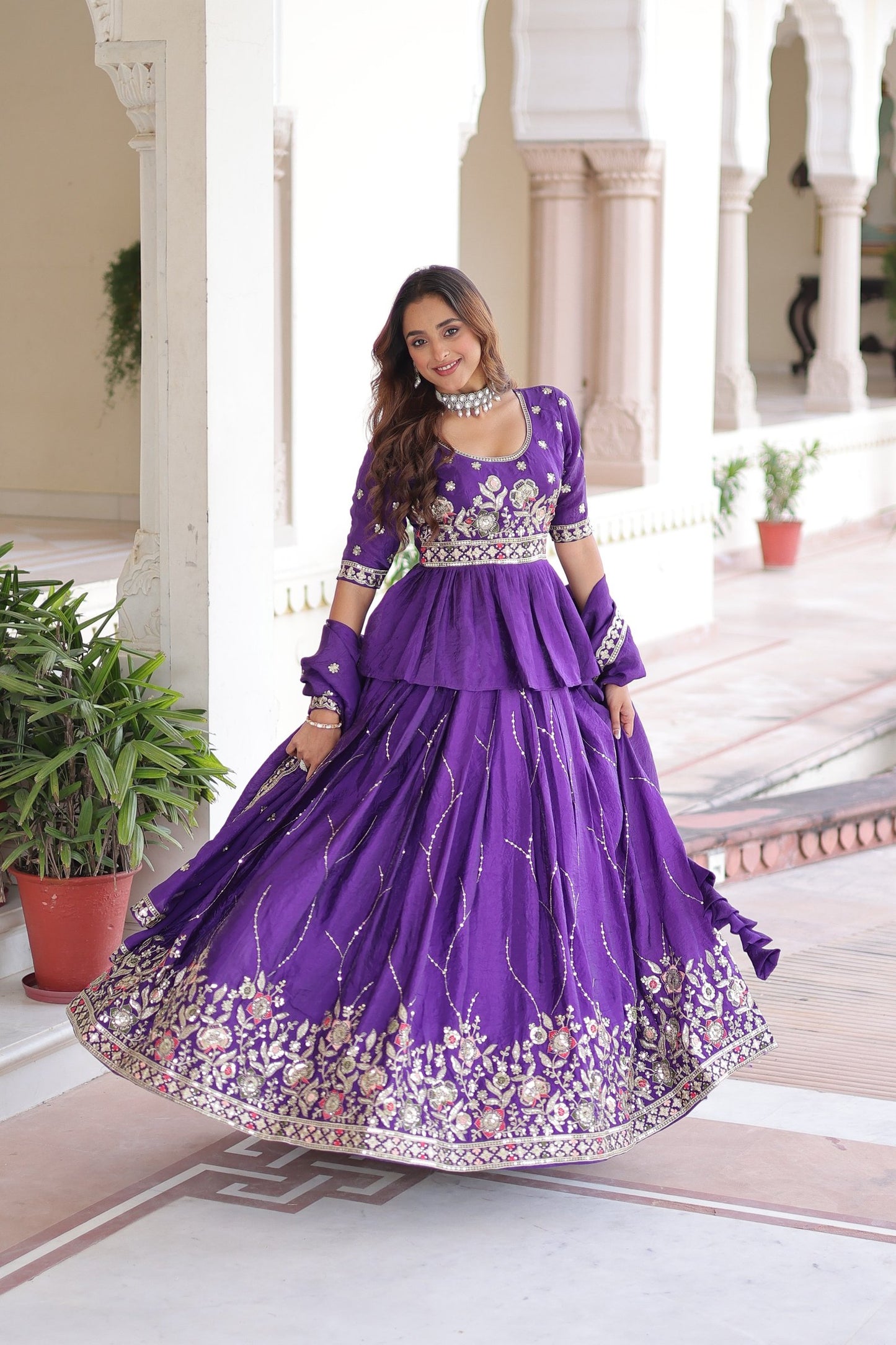 Purple Gold Crush Lehenga Choli With Multi Thread Embroidery