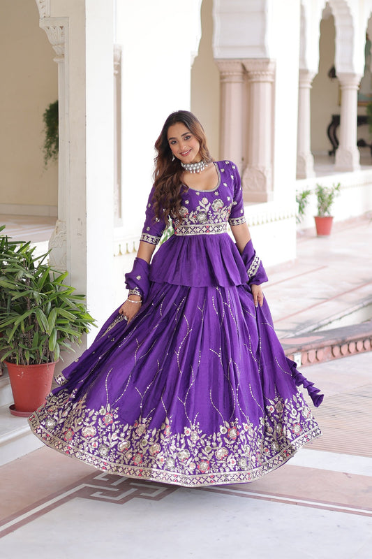 Purple Gold Crush Lehenga Choli With Multi Thread Embroidery