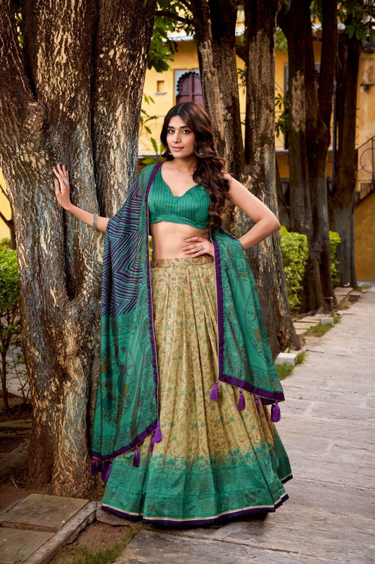 Green Vichitra Silk Lehenga Choli With Printed Work