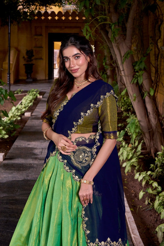 Trendy Pista Kanchipuram Lehenga Choli With Zari Weaving Work