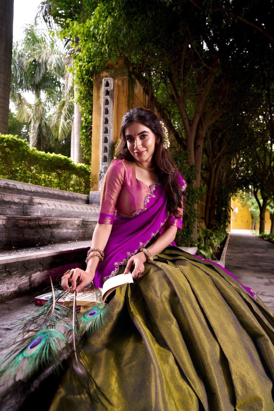 Olive Green Kanchipuram Lehenga Choli With Zari Weaving Work