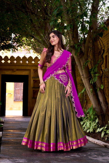 Olive Green Kanchipuram Lehenga Choli With Zari Weaving Work