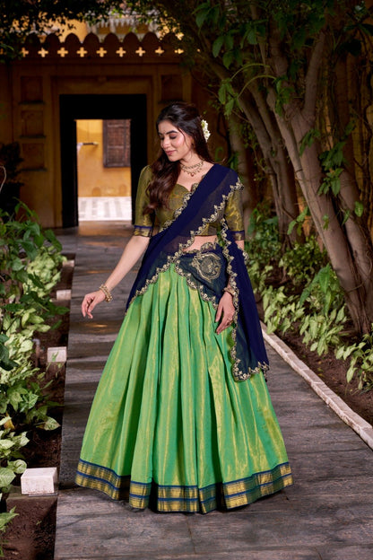 Trendy Pista Kanchipuram Lehenga Choli With Zari Weaving Work