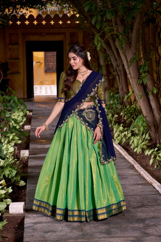 Trendy Pista Kanchipuram Lehenga Choli With Zari Weaving Work