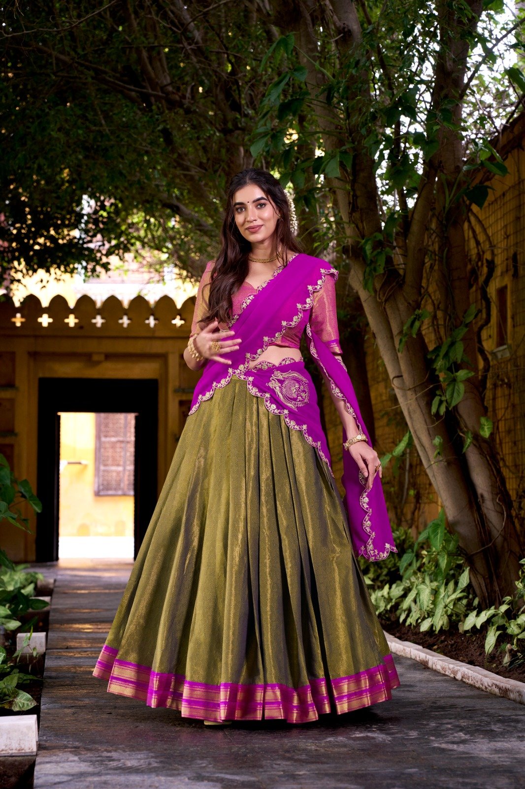 Olive Green Kanchipuram Lehenga Choli With Zari Weaving Work