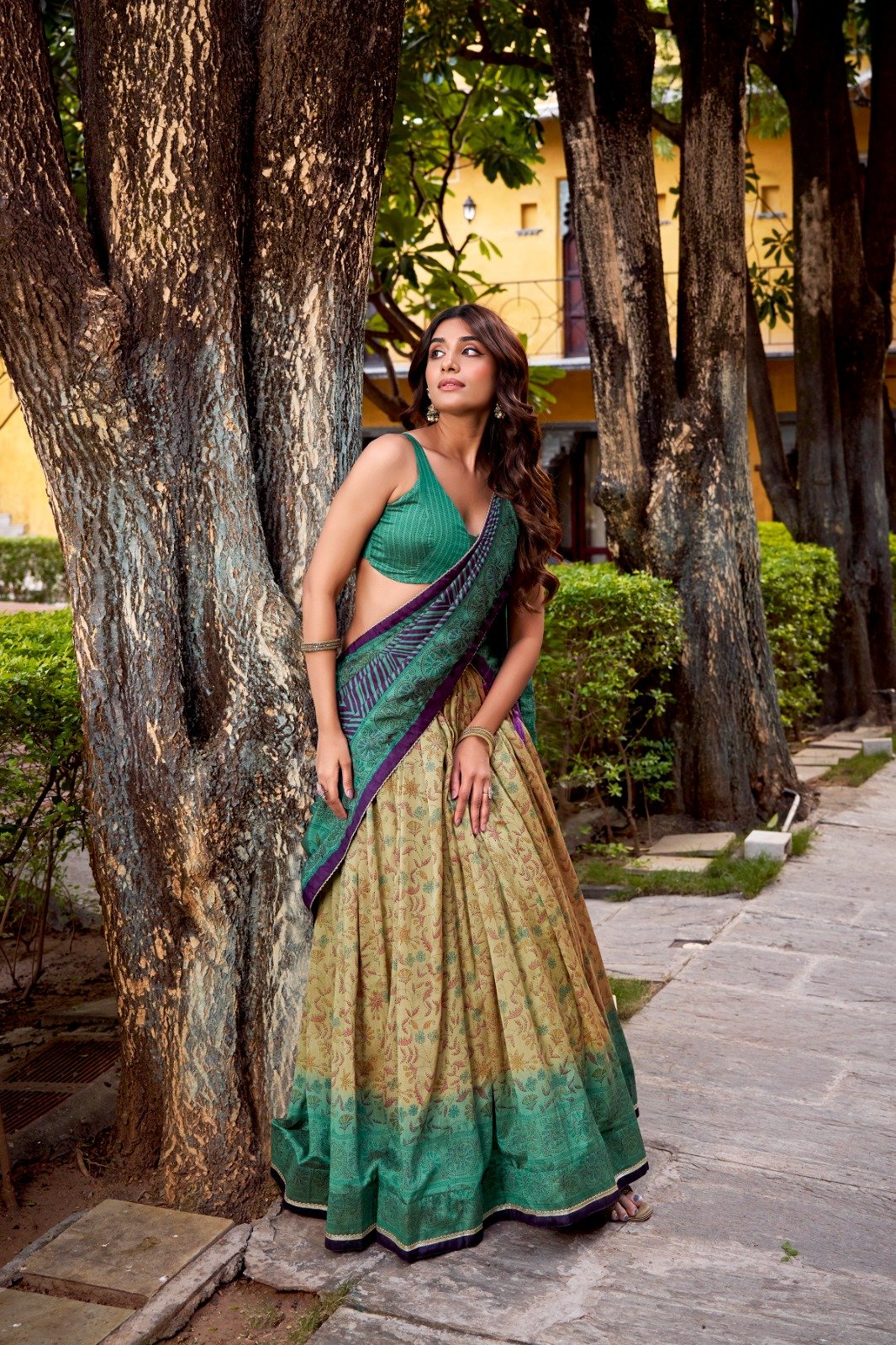 Green Vichitra Silk Lehenga Choli With Printed Work