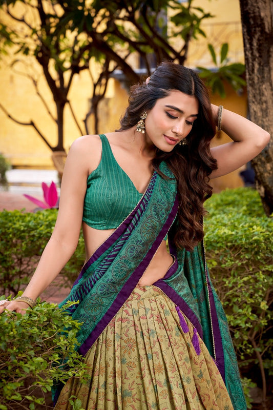 Green Vichitra Silk Lehenga Choli With Printed Work